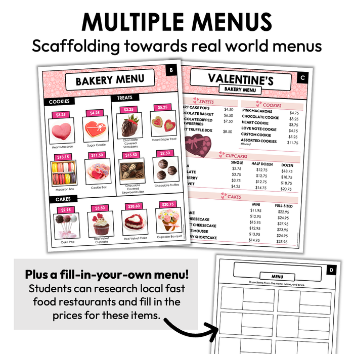 Menu Math Worksheets | Valentine's Bakery | Addition