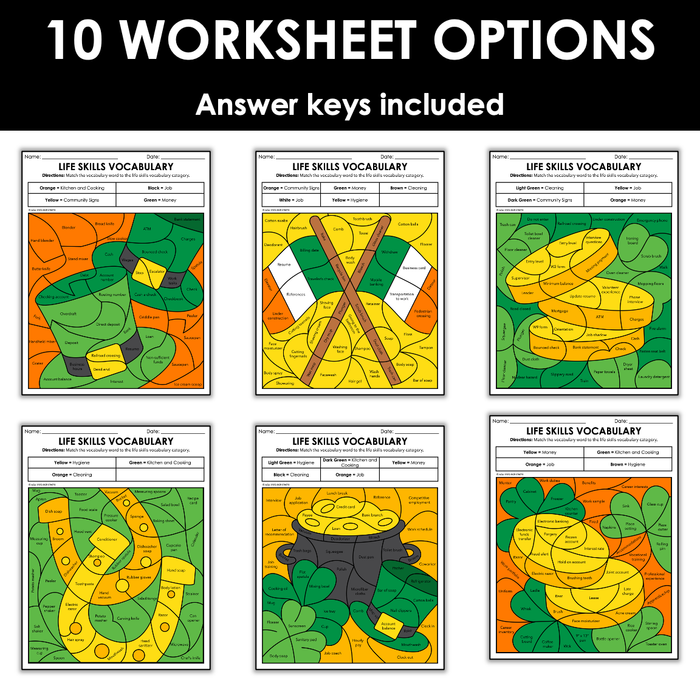 St. Patrick's Day - Life Skills Functional Vocabulary - Color by Code Worksheets