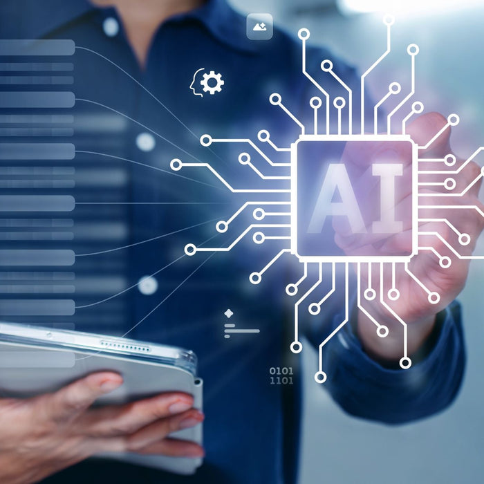 Person holding a tablet interacts with a virtual AI interface, touching a digital chip icon labeled “AI” with circuit lines extending outward. Futuristic overlays and data elements suggest artificial intelligence, machine learning, and technology integrat