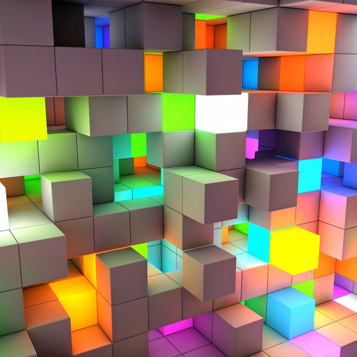 Gaming blocks, some lit up in bright colors