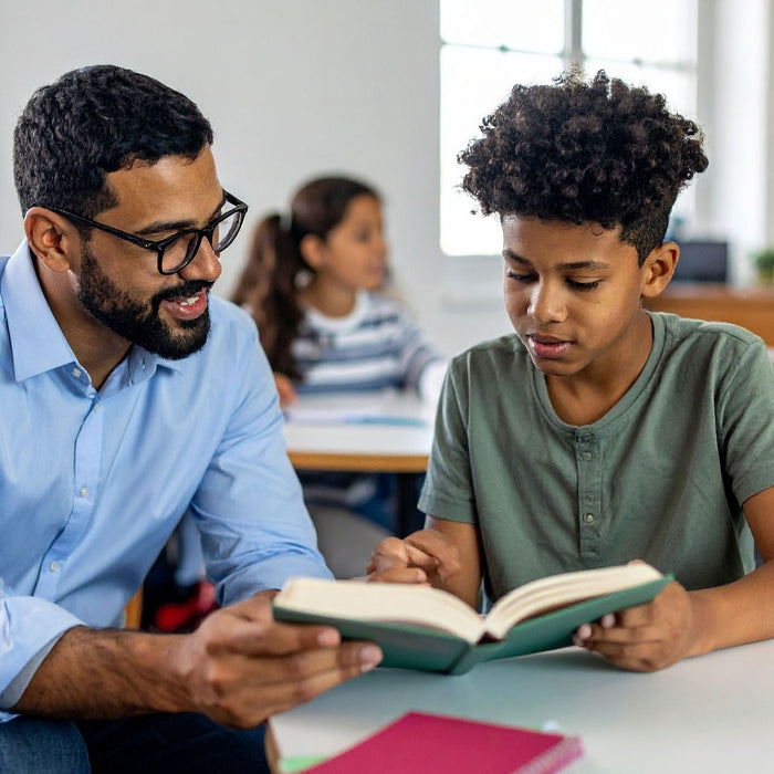 A teacher sits beside a student at a classroom table, helping him read from an open book. Other students work in the background, creating a focused and supportive learning environment.