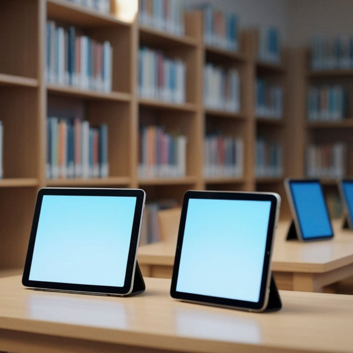 Several tablet devices with blank screens are propped up on wooden tables inside a quiet library. Tall bookshelves filled with books line the background, creating a modern study space that blends digital learning tools with traditional library resources.