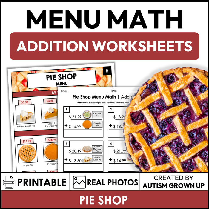 Menu Math Worksheets | Pie Shop | Addition