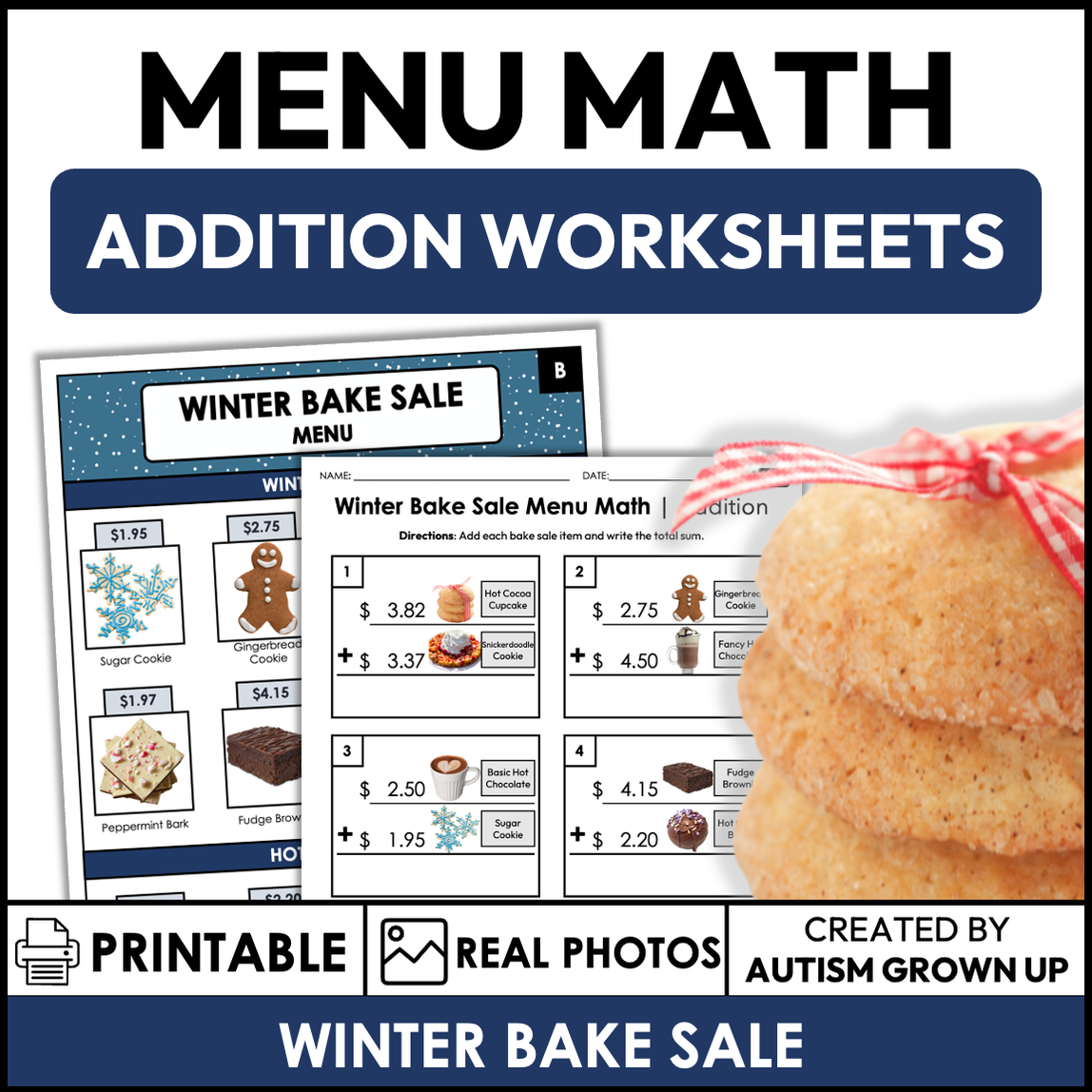 Menu Math Worksheets | Winter Bake Sale | Addition — Autism Grown Up