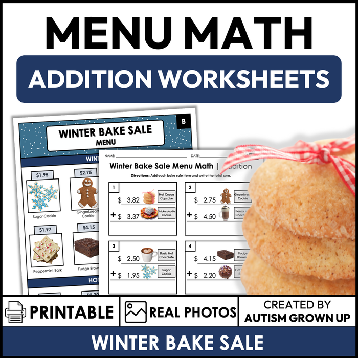 Menu Math Worksheets | Winter Bake Sale | Addition