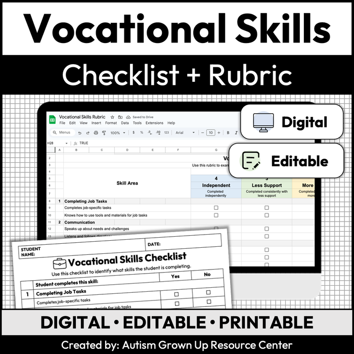 Vocational Skill Checklist + Rubric | Digital + Editable | Workplace Readiness Skills