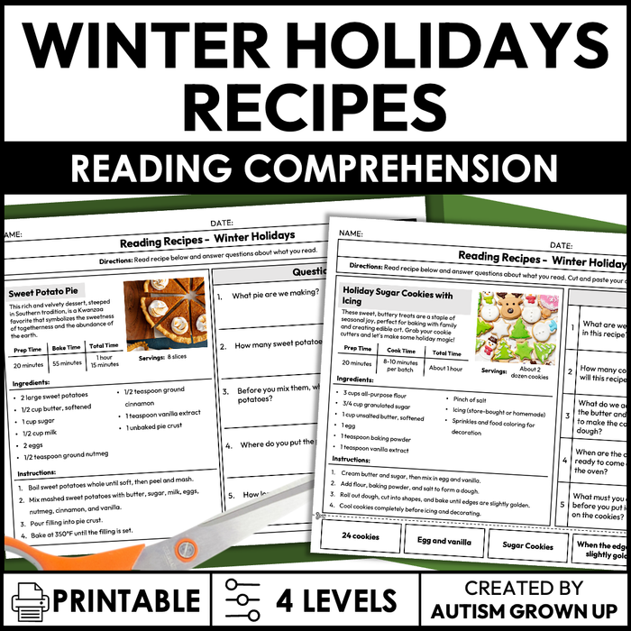 Winter Holidays Recipes | Recipe Reading Comprehension | Special Education