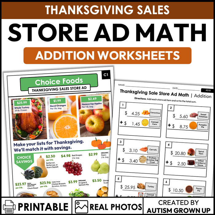Thanksgiving Sale Store Ad Worksheets | Addition