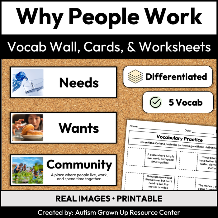 Why People Work | Career Exploration Vocab Wall, Cards, & Worksheets