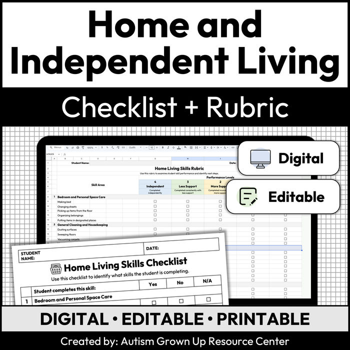 Home and Independent Living Skills Checklist + Rubric | Digital + Editable