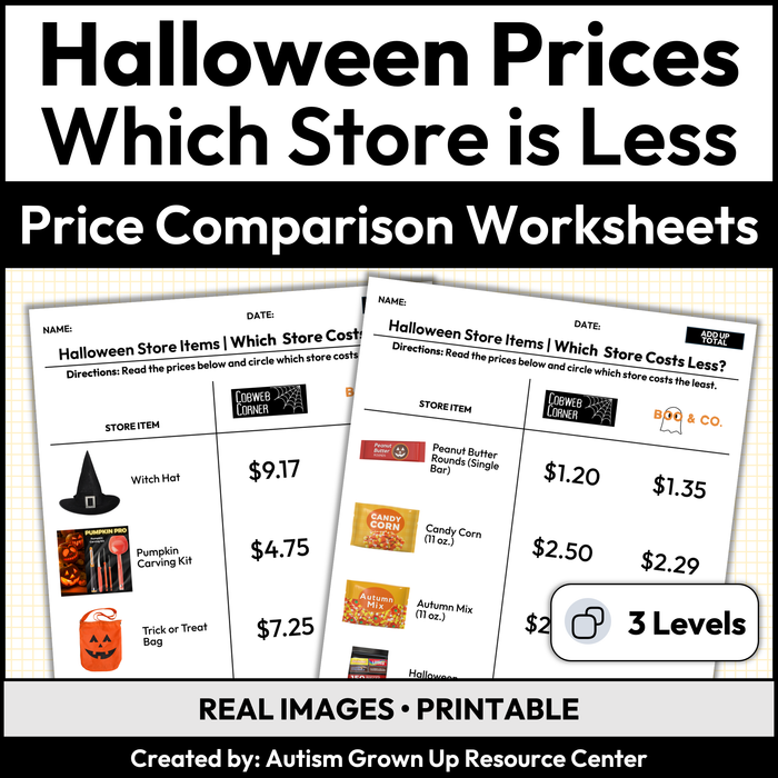 Halloween Price Comparison | Which Store Costs Less | Worksheets