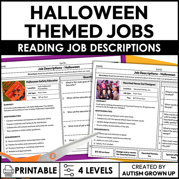 Halloween Job Skills | Reading Halloween Job Descriptions | Special Education