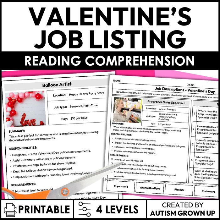 Valentine's Day Job Descriptions | Life Skills Worksheets for Special Education