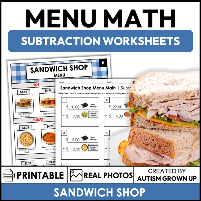 Menu Math Worksheets | Sandwich Shop | Subtraction — Autism Grown Up