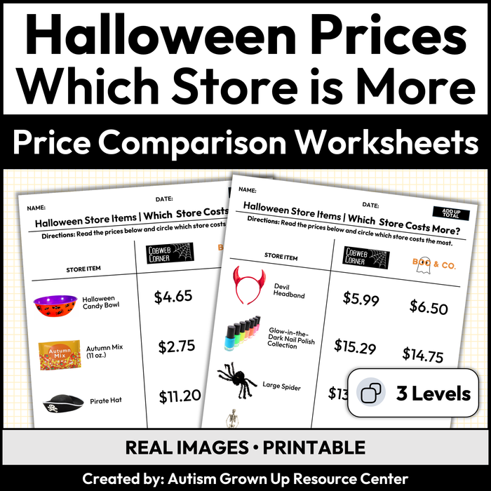 Halloween Price Comparison | Which Store Costs More | Worksheets