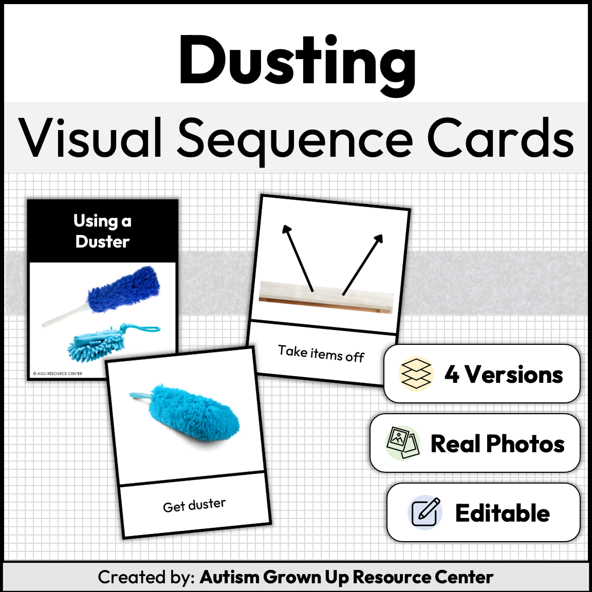 Dusting Visual Sequence Cards | Life Skills | Editable — Autism Grown Up