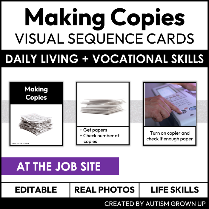 Making Copies Visual Sequence Cards | Vocational + Life Skills | Editable