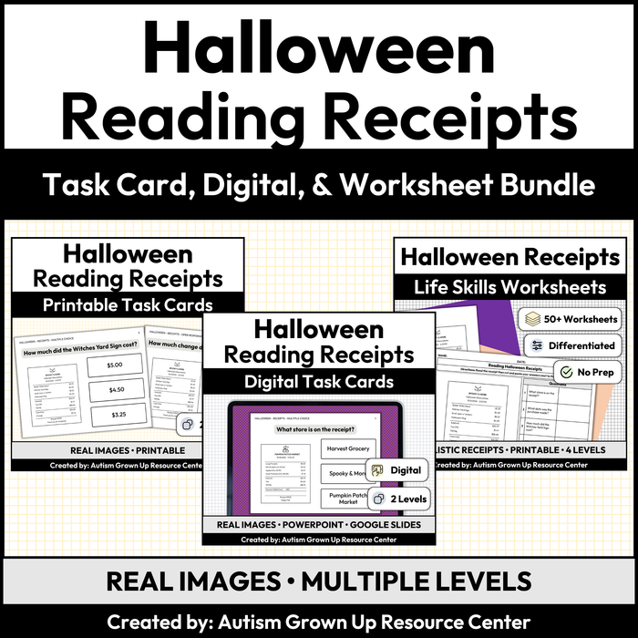 Halloween Receipt Reading | Worksheet, Task Cards, Digital Cards Bundle