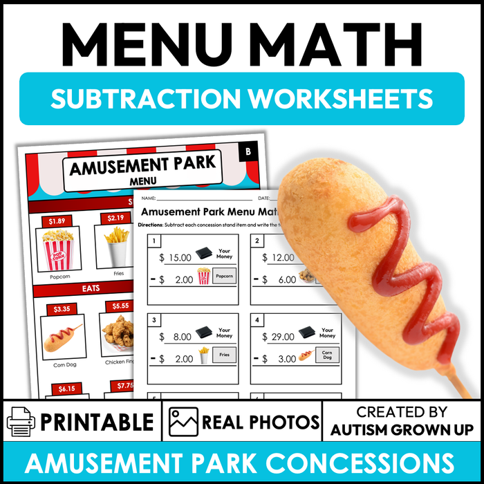 Menu Math Worksheets | Amusement Park Concession Stand | Subtraction