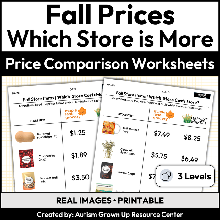 Fall Price Comparison | Which Store Costs More | Worksheets