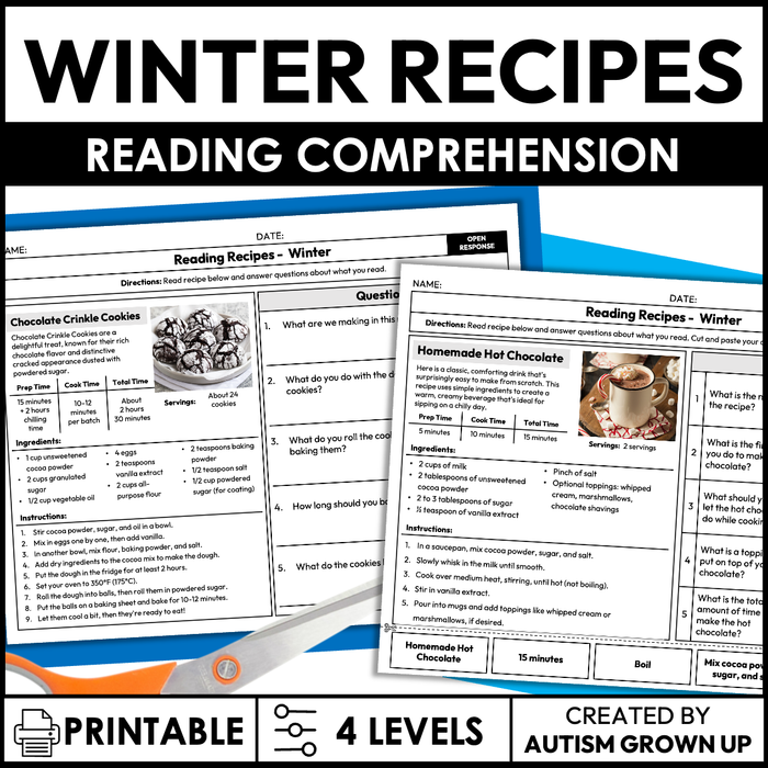 Winter Recipes | Recipe Reading Comprehension | Special Education
