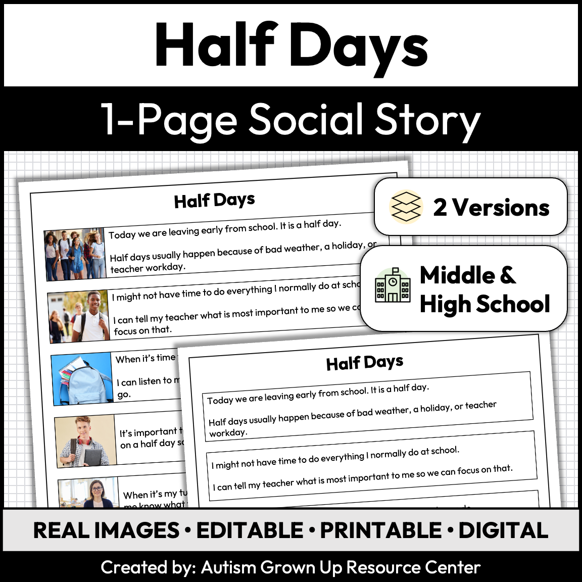 Half Days | 1-Page Social Story | Middle and High School — Autism Grown Up