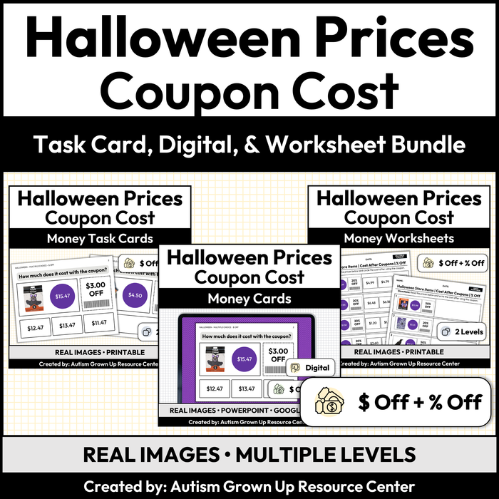 Halloween Coupon Cost | Worksheet, Task Cards, Digital Cards Bundle
