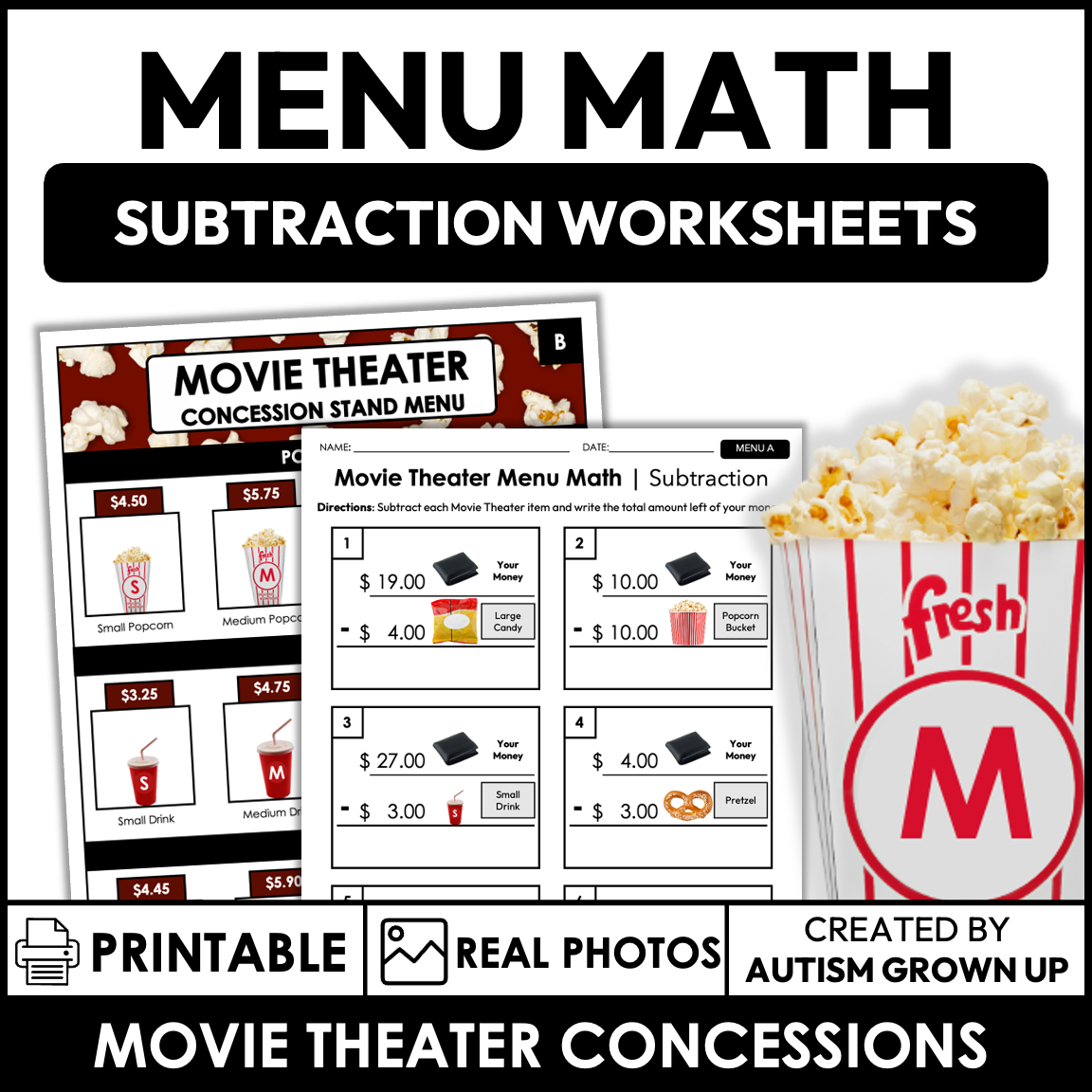 Menu Math Work Sheet Menu Math Worksheets | Movie Theater Concession Stand | Subtraction ...
