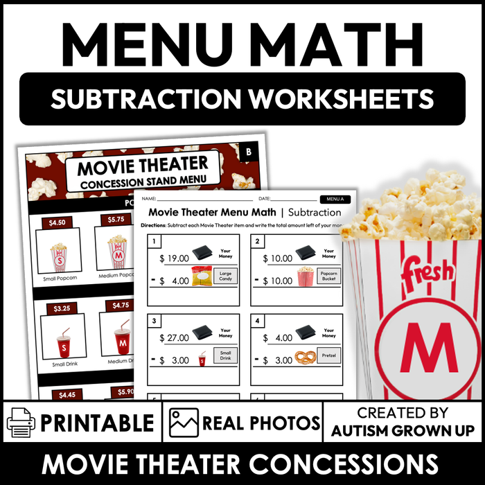 Menu Math Worksheets | Movie Theater Concession Stand | Subtraction