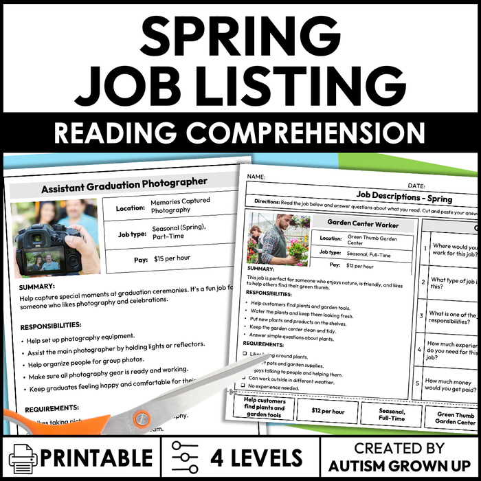Spring Seasonal Job Descriptions | Life Skills Worksheets for Special Education