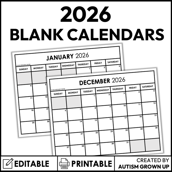 2026 Monthly Calendars | Print + Editable