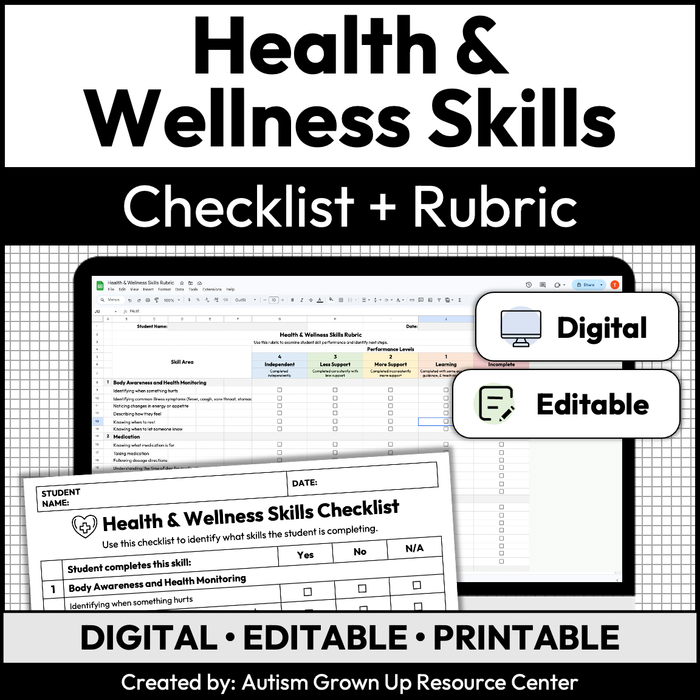 Health and Wellness Skills Checklist + Rubric | Digital + Editable