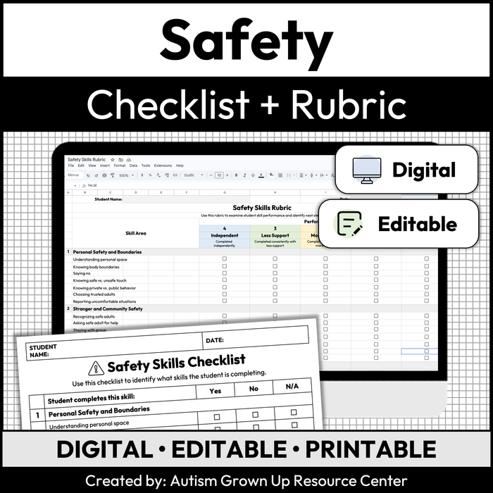 Safety Skills Checklist + Rubric | Digital + Editable