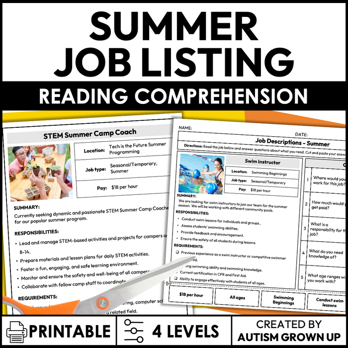 Summer Seasonal Job Descriptions | Life Skills Worksheets for Special Education