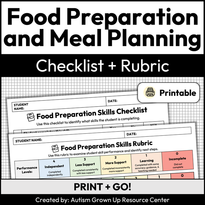 Food Preparation and Meal Planning Skills Checklist + Rubric | Printable