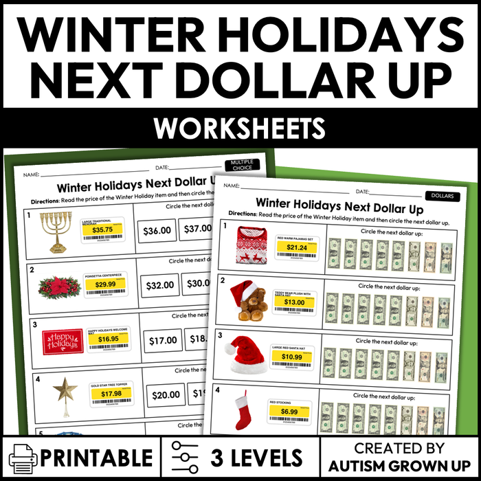 Winter Holidays Next Dollar Up Worksheets for Special Education