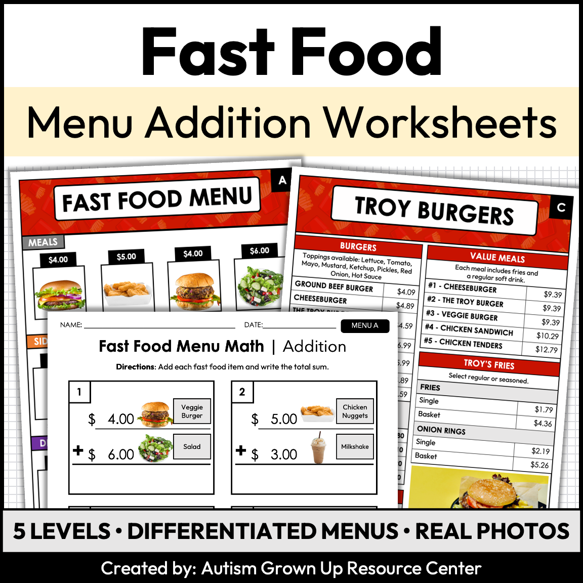 Menu Math Worksheets | Fast Food | Addition — Autism Grown Up