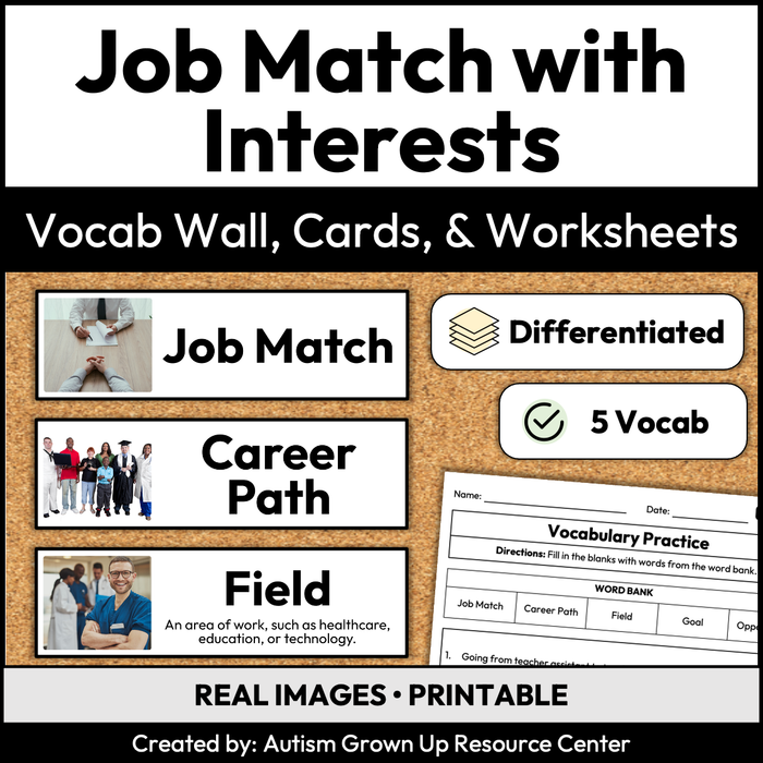 Job Match with Interests | Career Exploration Vocab Wall, Cards, & Worksheets