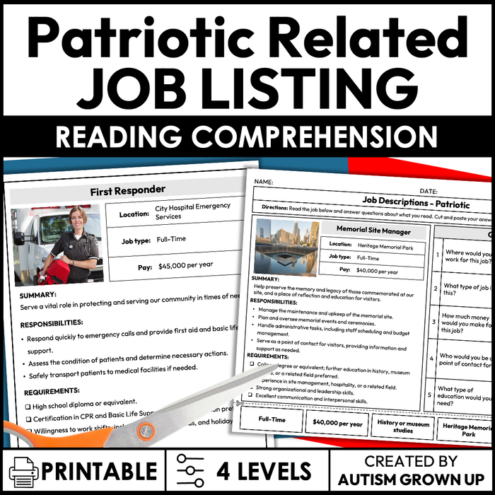 Patriotic Job Descriptions | Life Skills for Special Education