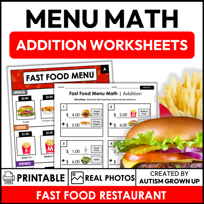 Menu Math Worksheets | Fast Food | Addition