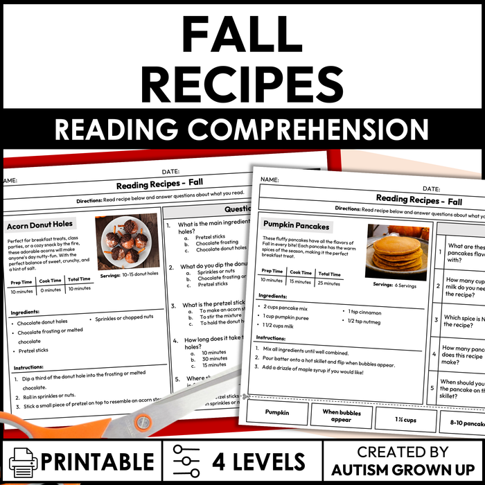 Fall Recipes | Recipe Reading Comprehension | Special Education
