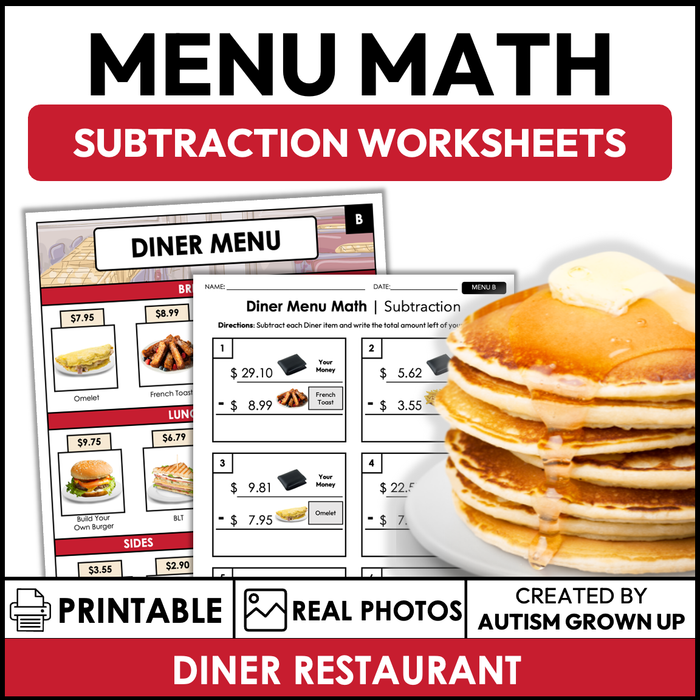 Menu Math Worksheets | Diner | Subtraction
