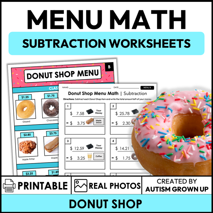 Menu Math Worksheets | Donut Shop | Subtraction
