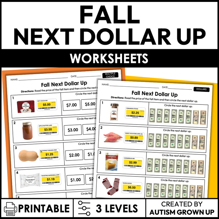 Fall Next Dollar Up Worksheets for Special Education