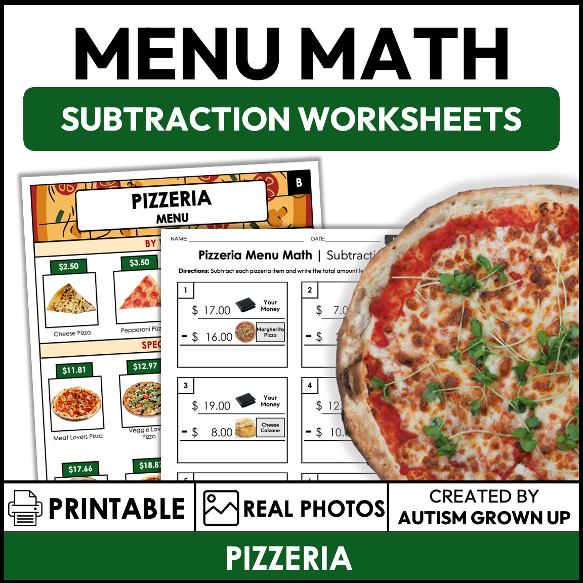Menu Math Work Sheet Menu Math Worksheets | Pizzeria | Subtraction — Autism Grown Up