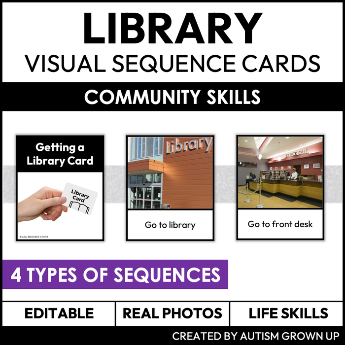 Library Card and Checkout Visual Sequence Cards | Community Visuals | Editable