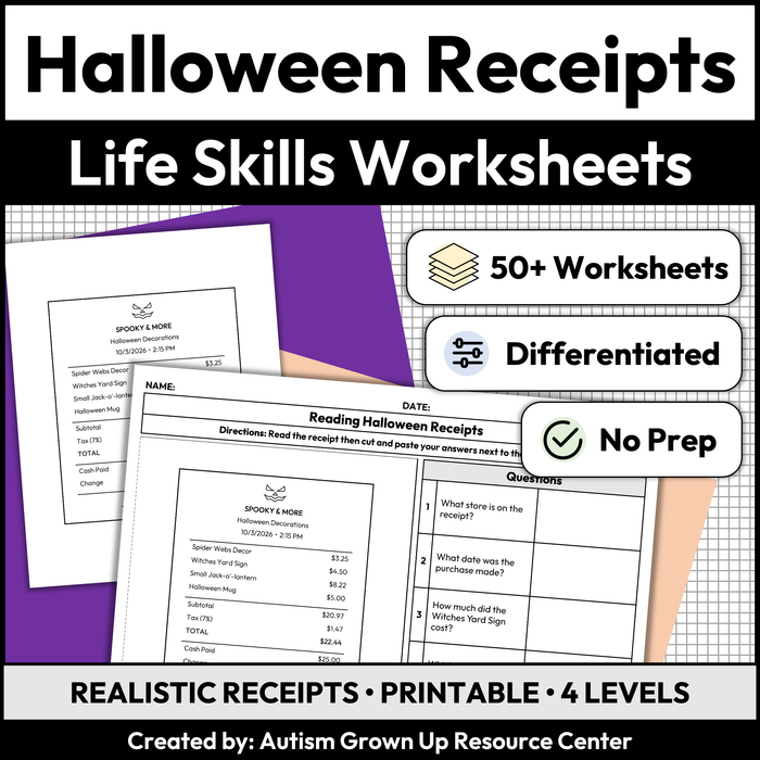 Reading Halloween Receipts Worksheets | Environmental Print | Life Skills Worksheets