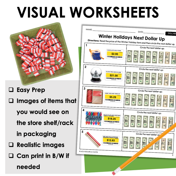 Winter Holidays Next Dollar Up Worksheets for Special Education