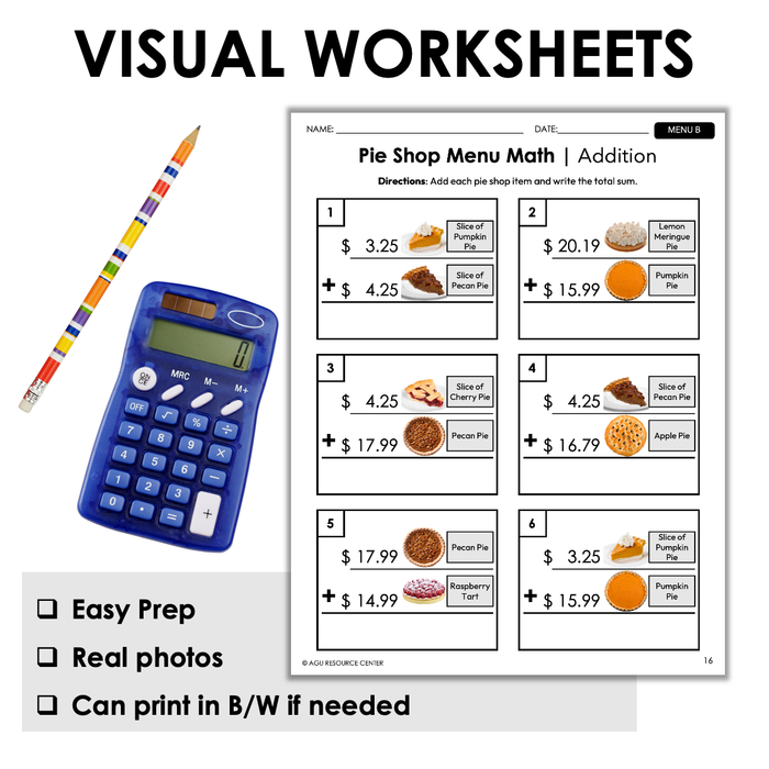 Menu Math Worksheets | Pie Shop | Addition