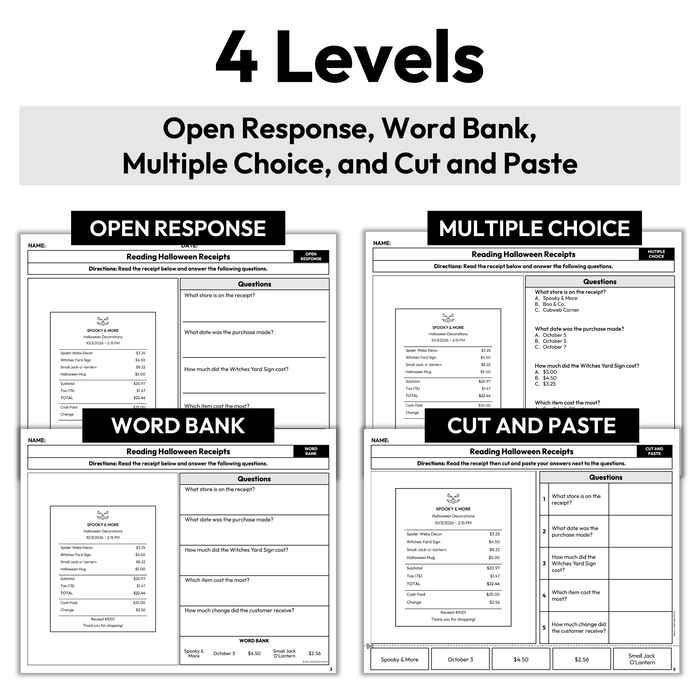 Reading Halloween Receipts Worksheets | Environmental Print | Life Skills Worksheets
